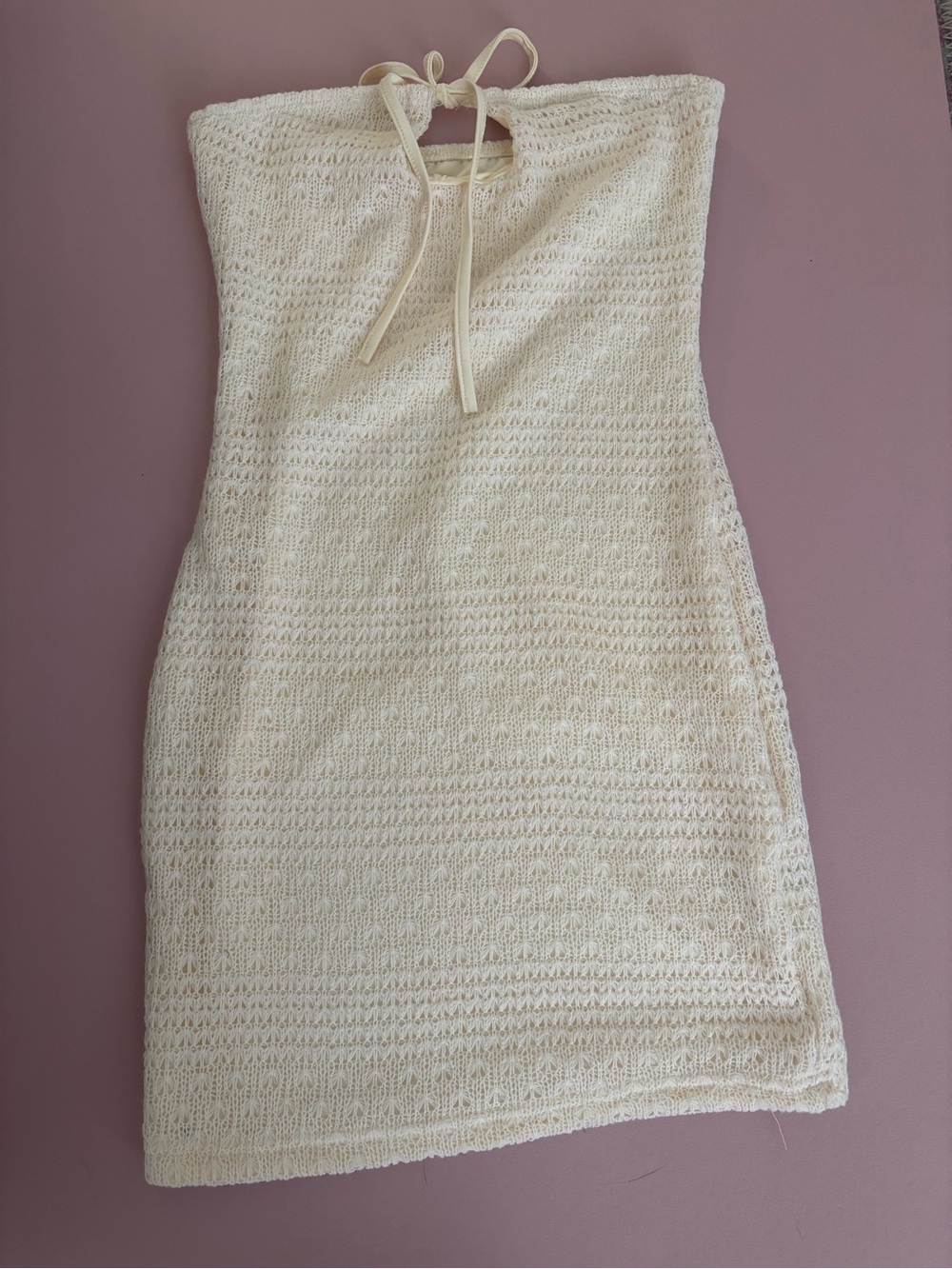 Handmade Cream Crochet Halter Mini Dress